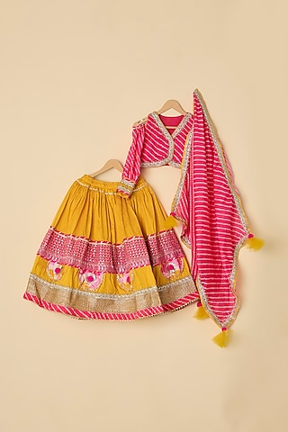 Pink & Yellow Silk Lehenga Set For Girls by ATIJAH