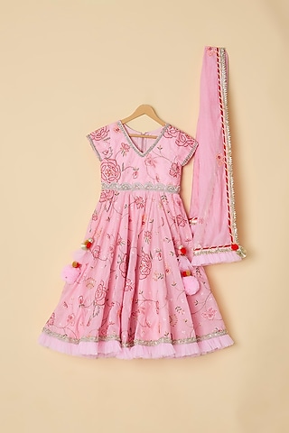 Pink Chanderi Embroidered Anarkali Set For Girls by ATIJAH