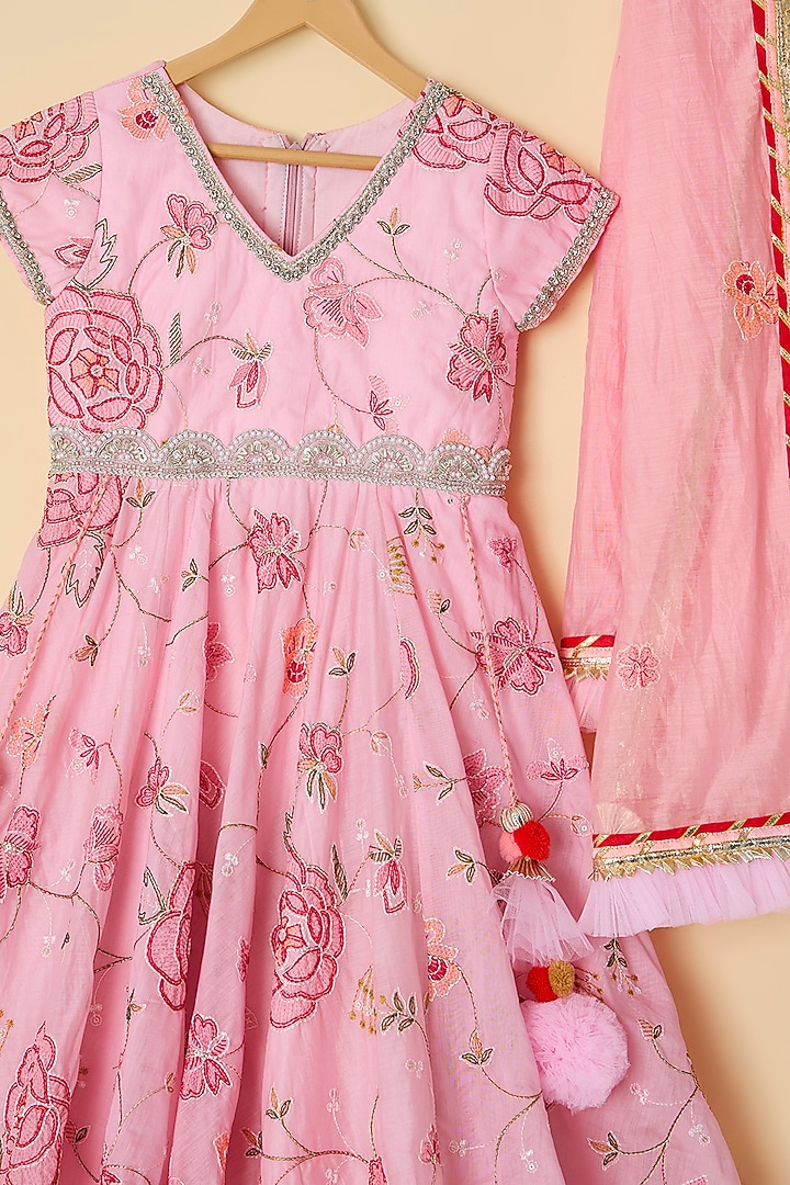 Pink Chanderi Embroidered Anarkali Set For Girls by ATIJAH at Pernia's Pop Up Shop