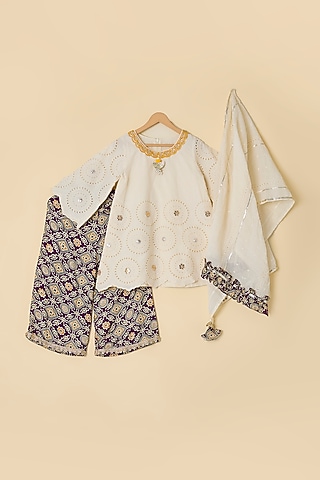 White Cotton Embroidered Kurta Set For Girls by ATIJAH