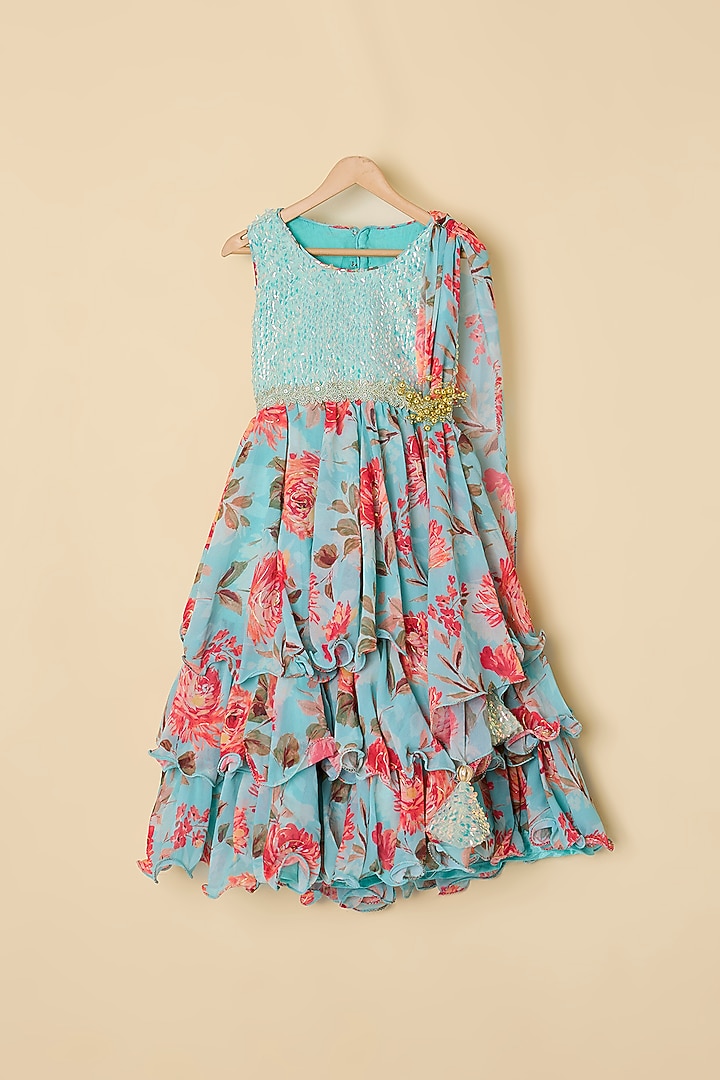 Green Georgette & Sequins Floral Printed Anarkali For Girls by ATIJAH at Pernia's Pop Up Shop