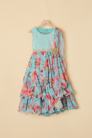 Green Georgette & Sequins Floral Printed Anarkali For Girls by ATIJAH