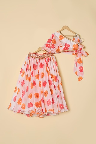 Pink Organza Embroidered Lehenga Set For Girls by ATIJAH