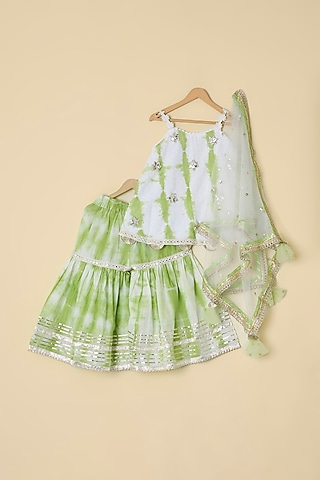 Green Cotton & Net Printed Sharara Set For Girls by ATIJAH