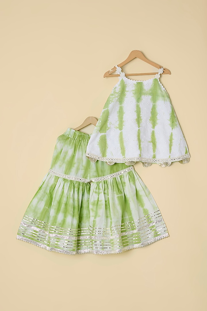 Green Cotton & Net Printed Sharara Set For Girls by ATIJAH at Pernia's Pop Up Shop