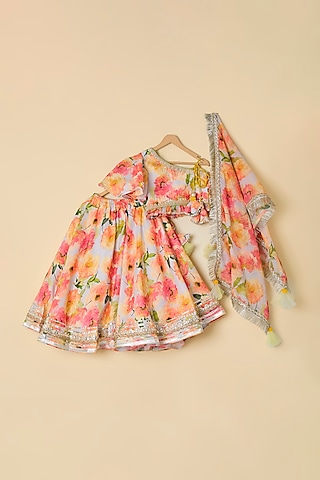 Pink Cotton Floral Printed Lehenga Set For Girls by ATIJAH