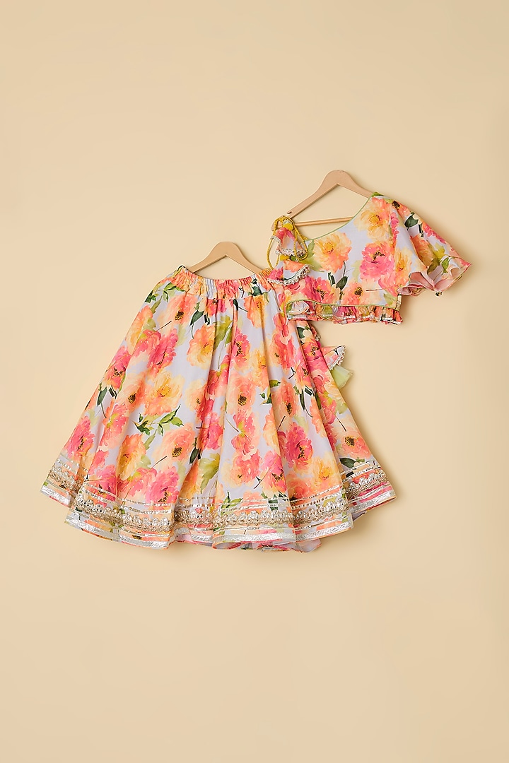 Pink Cotton Floral Printed Lehenga Set For Girls by ATIJAH at Pernia's Pop Up Shop