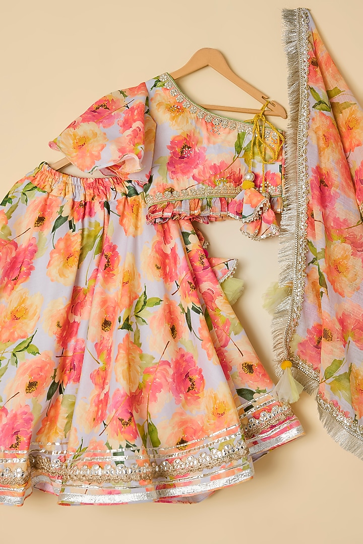 Pink Cotton Floral Printed Lehenga Set For Girls by ATIJAH at Pernia's Pop Up Shop