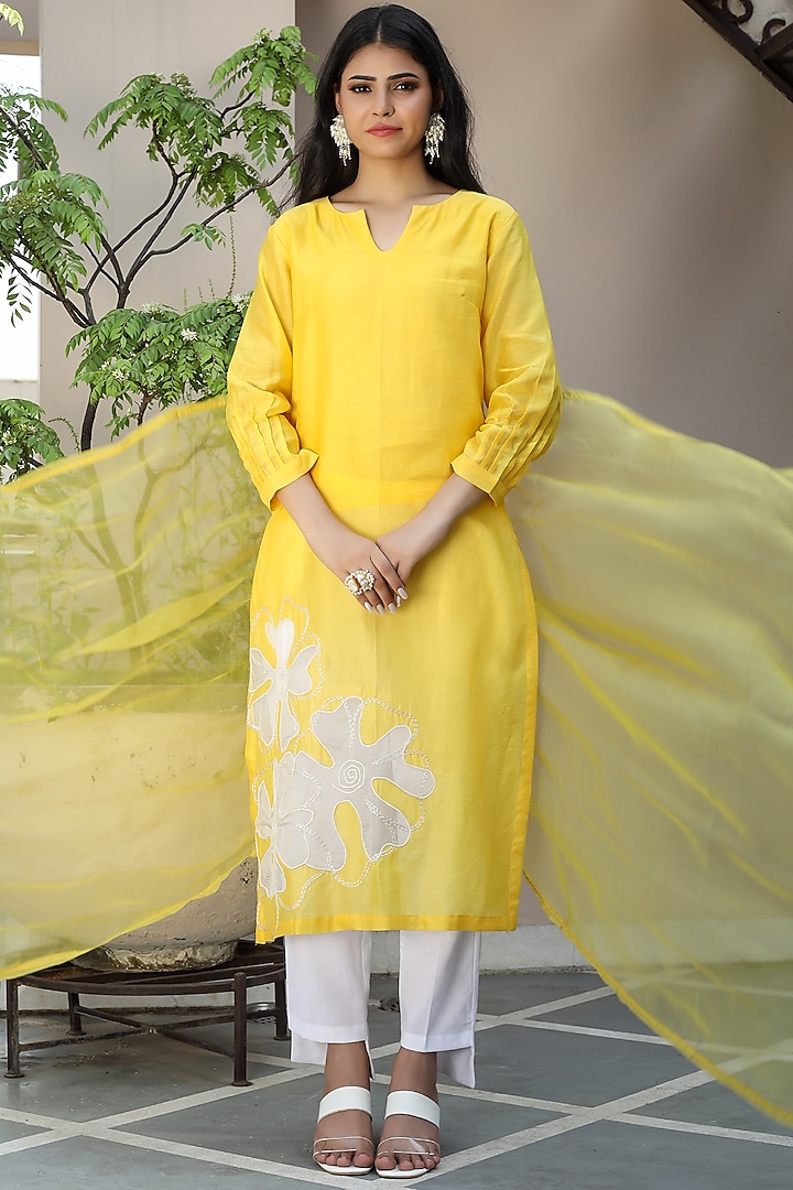 Yellow Chanderi Kurta Set by Atman at Pernia's Pop Up Shop