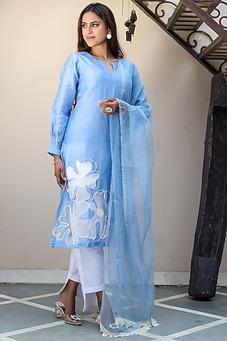 Blue Chanderi Kurta Set by Atman