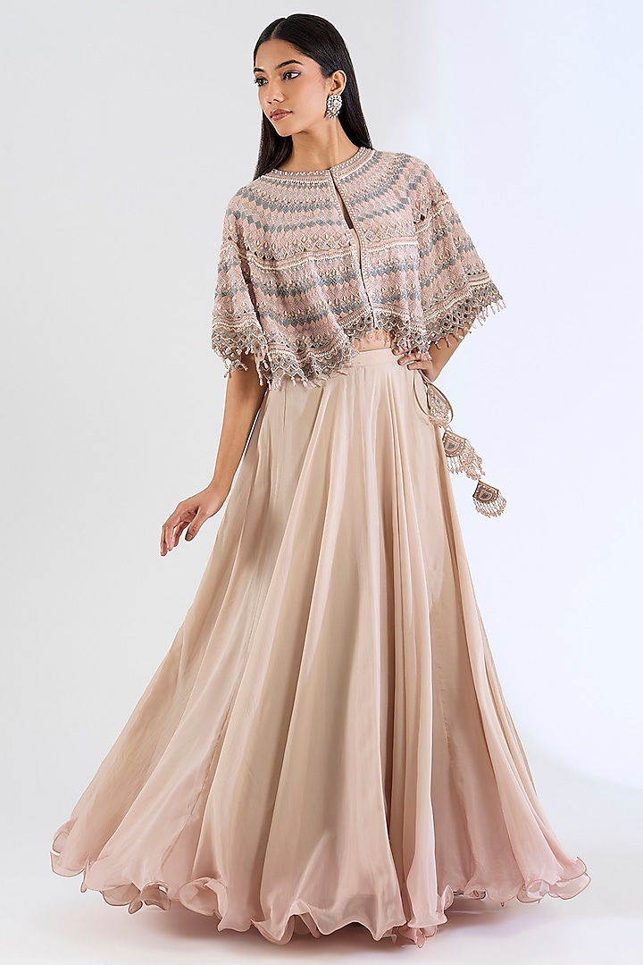 Monochrome Peach Organza & Georgette Hand Embroidered Cape Set by Amitabh Malhotra at Pernia's Pop Up Shop