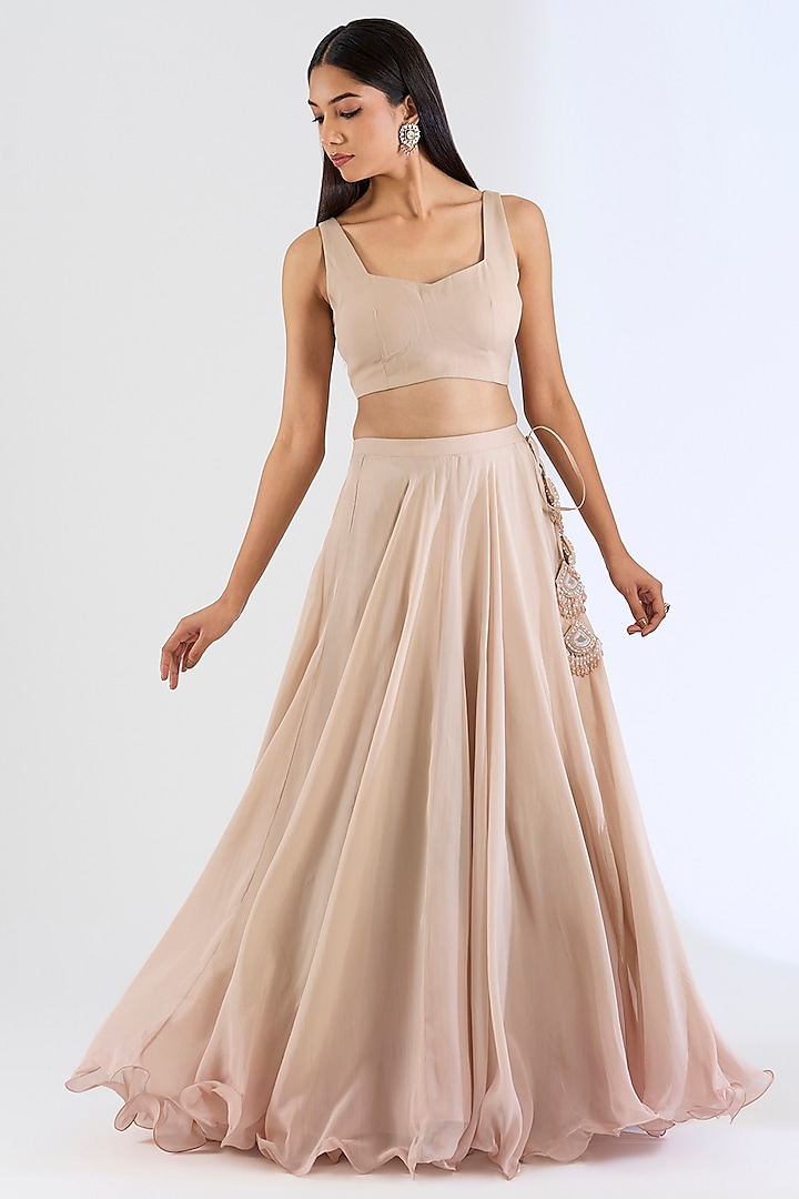 Monochrome Peach Organza & Georgette Hand Embroidered Cape Set by Amitabh Malhotra at Pernia's Pop Up Shop