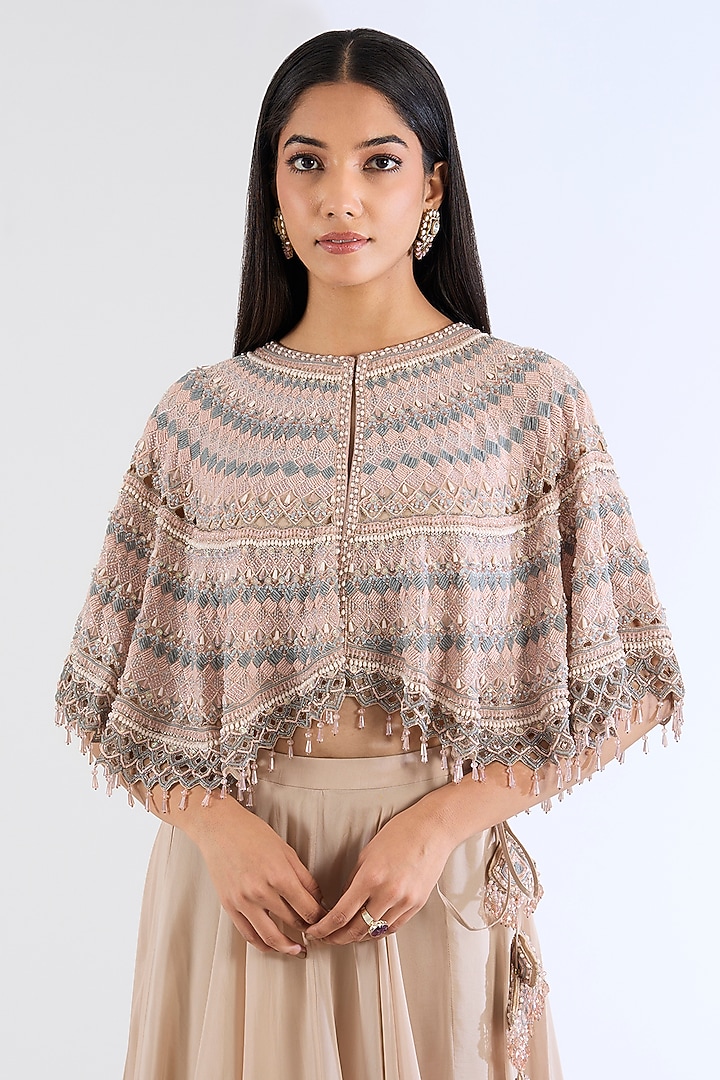Monochrome Peach Organza & Georgette Hand Embroidered Cape Set by Amitabh Malhotra at Pernia's Pop Up Shop