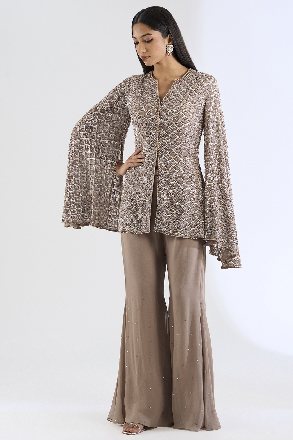 Beige Georgette Wedding Sharara Set by Amitabh Malhotra at Pernia's Pop Up Shop