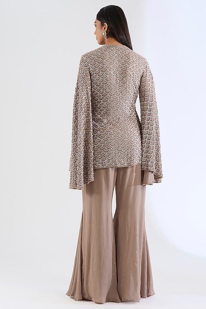 Beige Georgette Wedding Sharara Set by Amitabh Malhotra at Pernia's Pop Up Shop