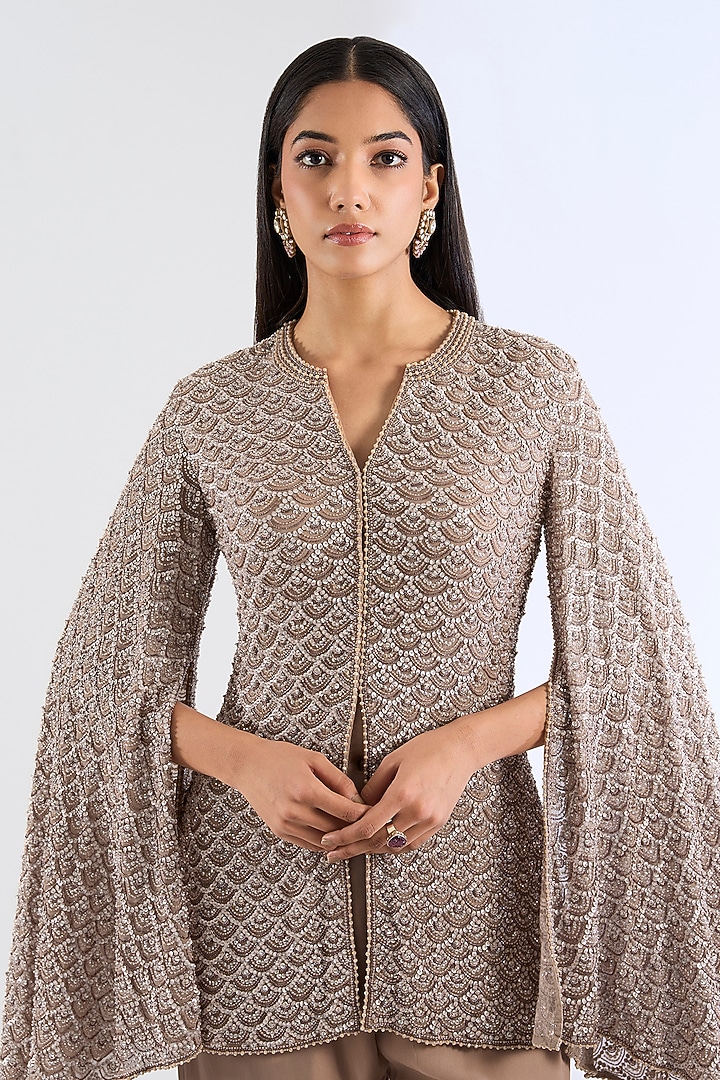 Beige Georgette Wedding Sharara Set by Amitabh Malhotra at Pernia's Pop Up Shop