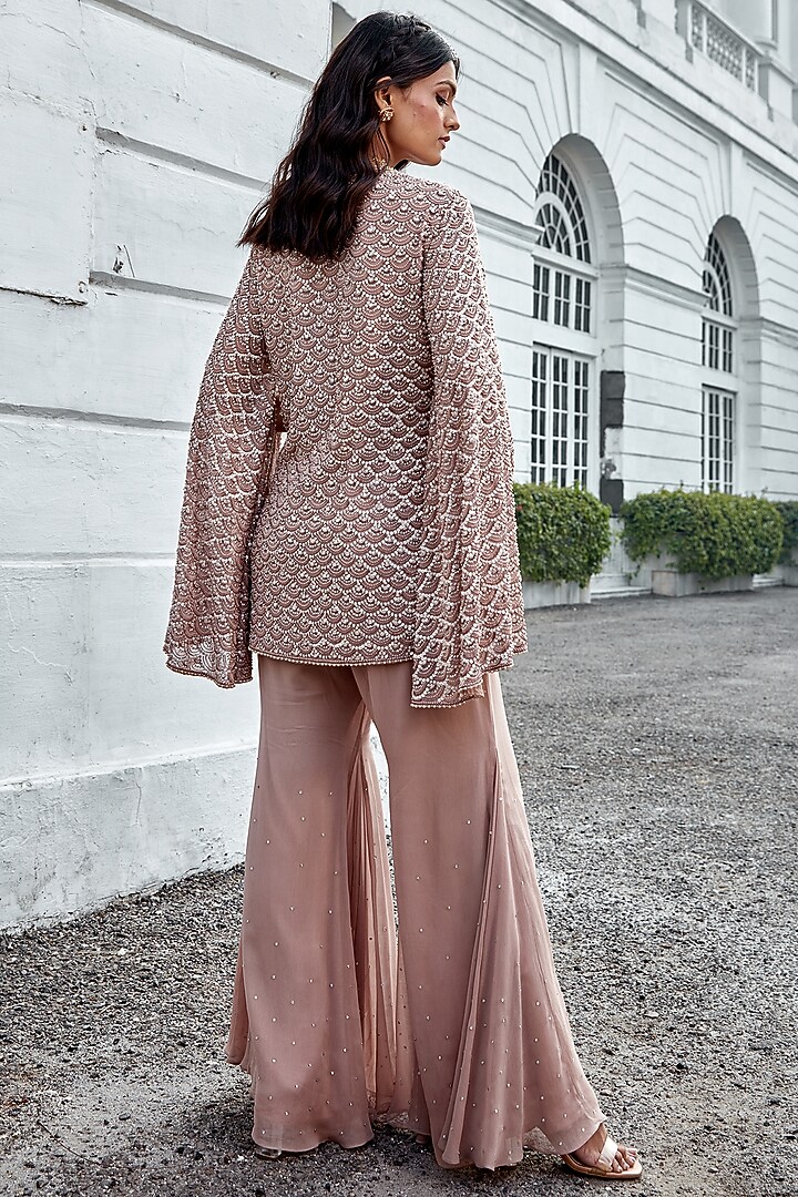 Rose Dust Georgette Embellished Jacket Set by Amitabh Malhotra at Pernia's Pop Up Shop