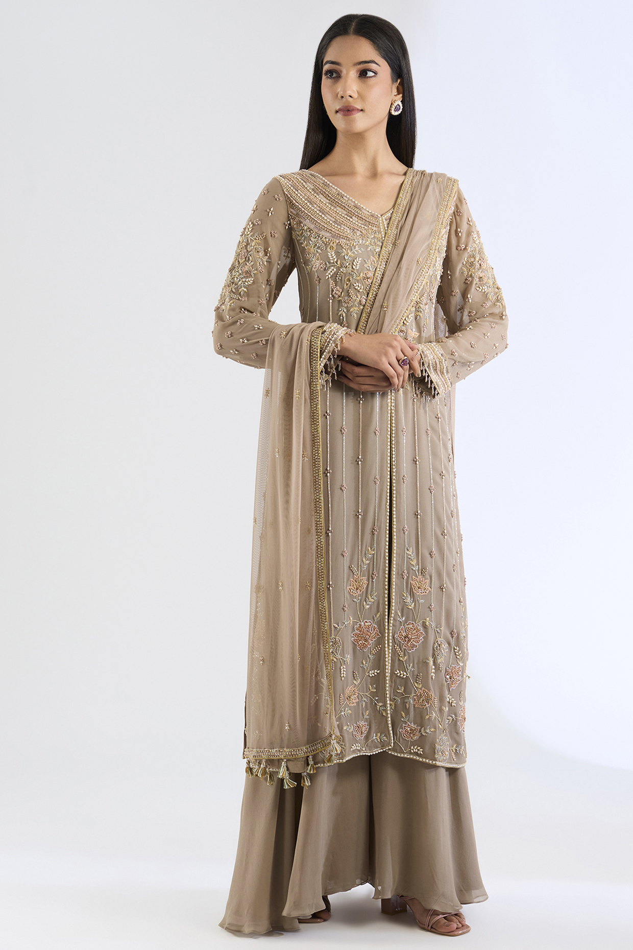 Beige Georgette Wedding Sharara Set by Amitabh Malhotra at Pernia's Pop Up Shop