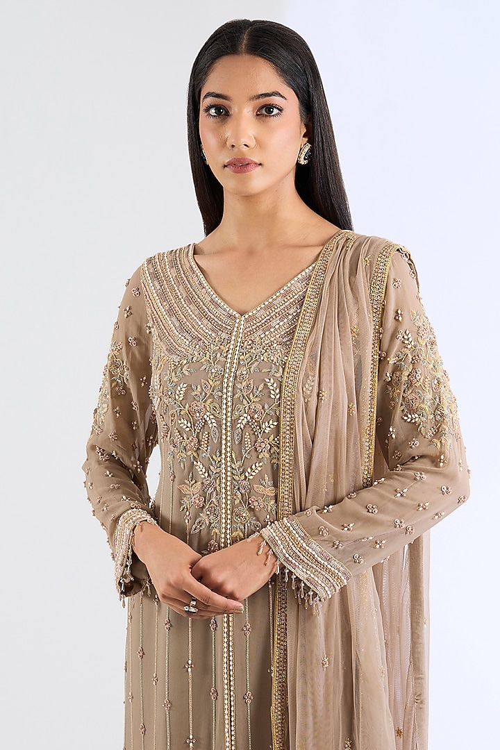 Beige Georgette Wedding Sharara Set by Amitabh Malhotra at Pernia's Pop Up Shop