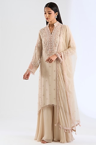 Peach Georgette Sharara Set by Amitabh Malhotra