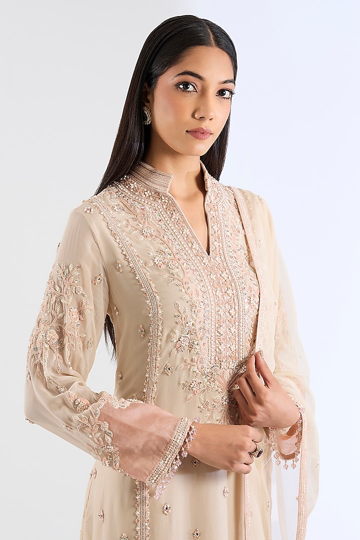 Peach Georgette Wedding Sharara Set by Amitabh Malhotra at Pernia's Pop Up Shop