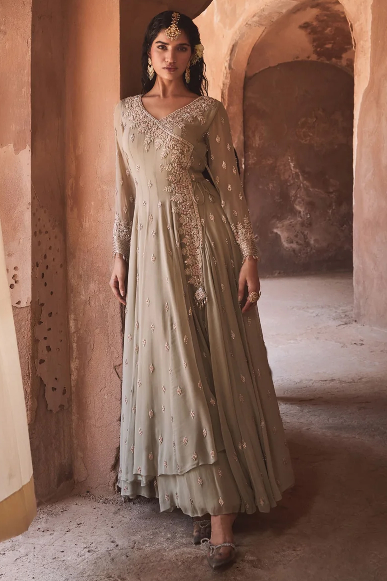Mint Green Georgette Embellished Layered Wedding Anarkali Set by Amitabh Malhotra at Pernia's Pop Up Shop