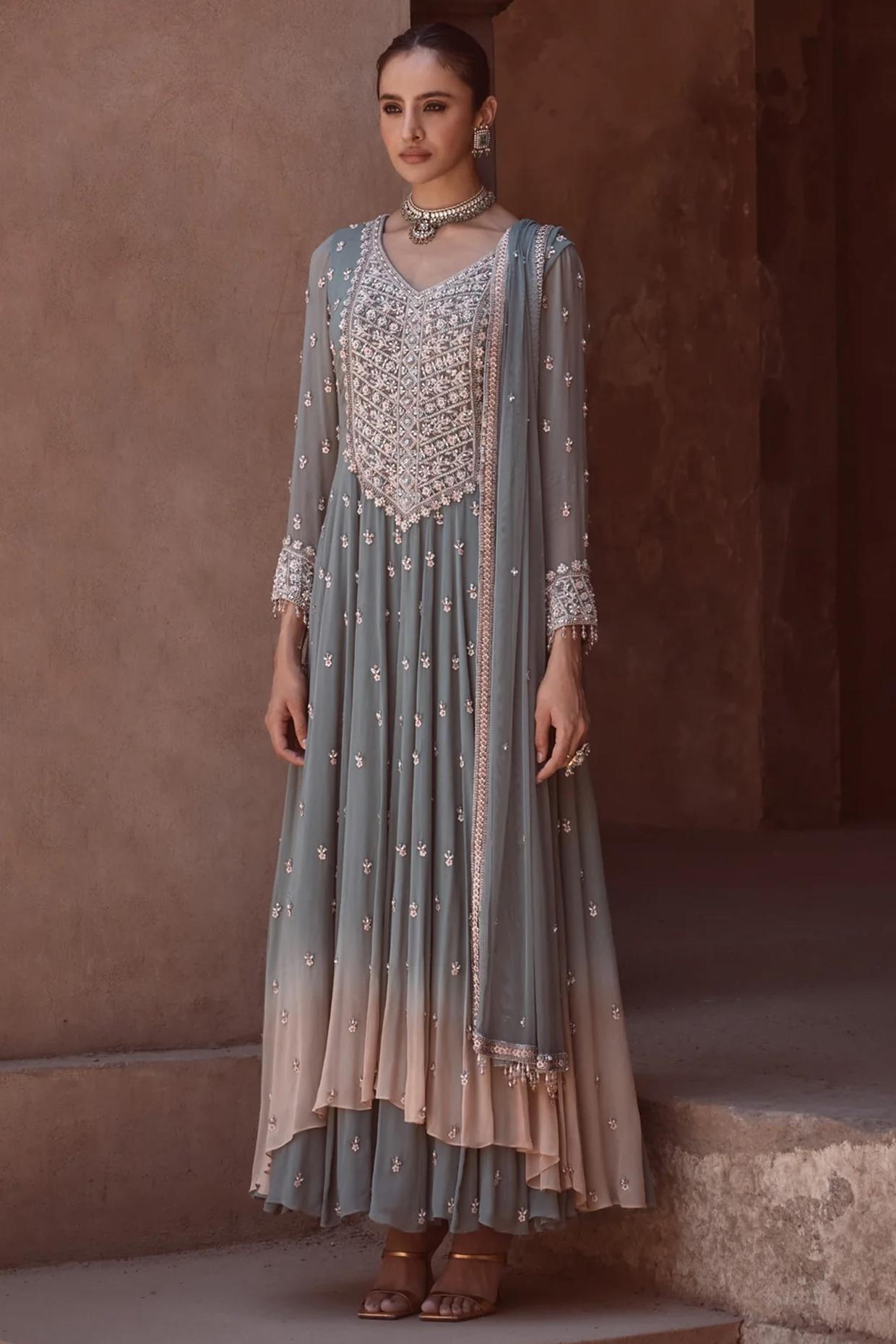 Mint Green & Blush Peach Ombre Georgette Embellished Layered Wedding Anarkali Set by Amitabh Malhotra at Pernia's Pop Up Shop