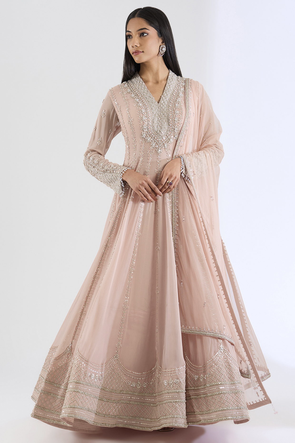 Beige Georgette Hand Embroidered Bridal Anarkali Set by Amitabh Malhotra at Pernia's Pop Up Shop
