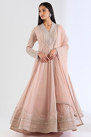 Beige Georgette Hand Embroidered Anarkali Set by Amitabh Malhotra