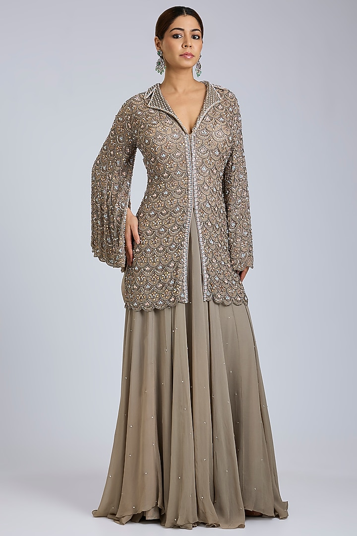 Grey Georgette & Soft Net Skirt Set by Amitabh Malhotra at Pernia's Pop Up Shop