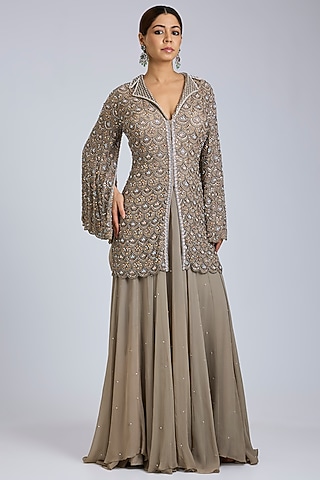 Grey Georgette & Soft Net Skirt Set by Amitabh Malhotra