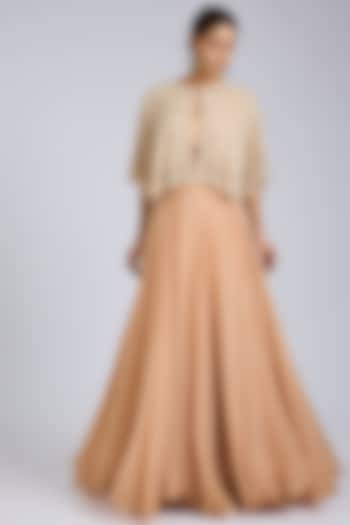 Peach & Ivory Organza Floral Cutwork Cape Set by Amitabh Malhotra at Pernia's Pop Up Shop