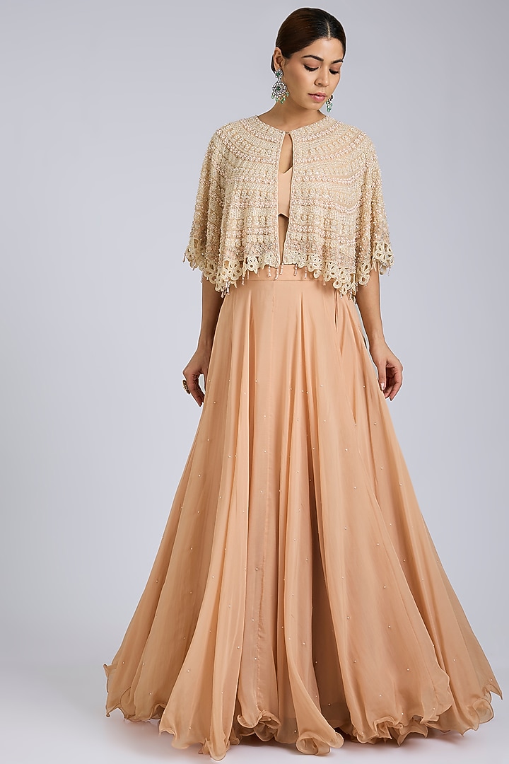 Peach & Ivory Organza Floral Cutwork Cape Set by Amitabh Malhotra at Pernia's Pop Up Shop