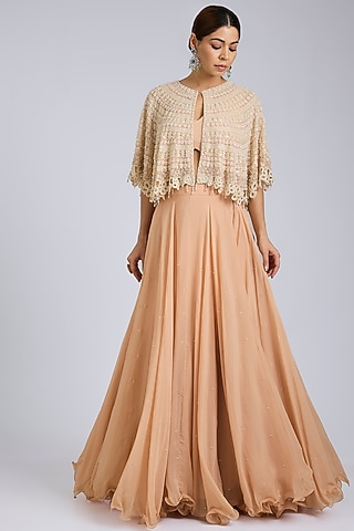 Peach & Ivory Organza Floral Cutwork Cape Set by Amitabh Malhotra