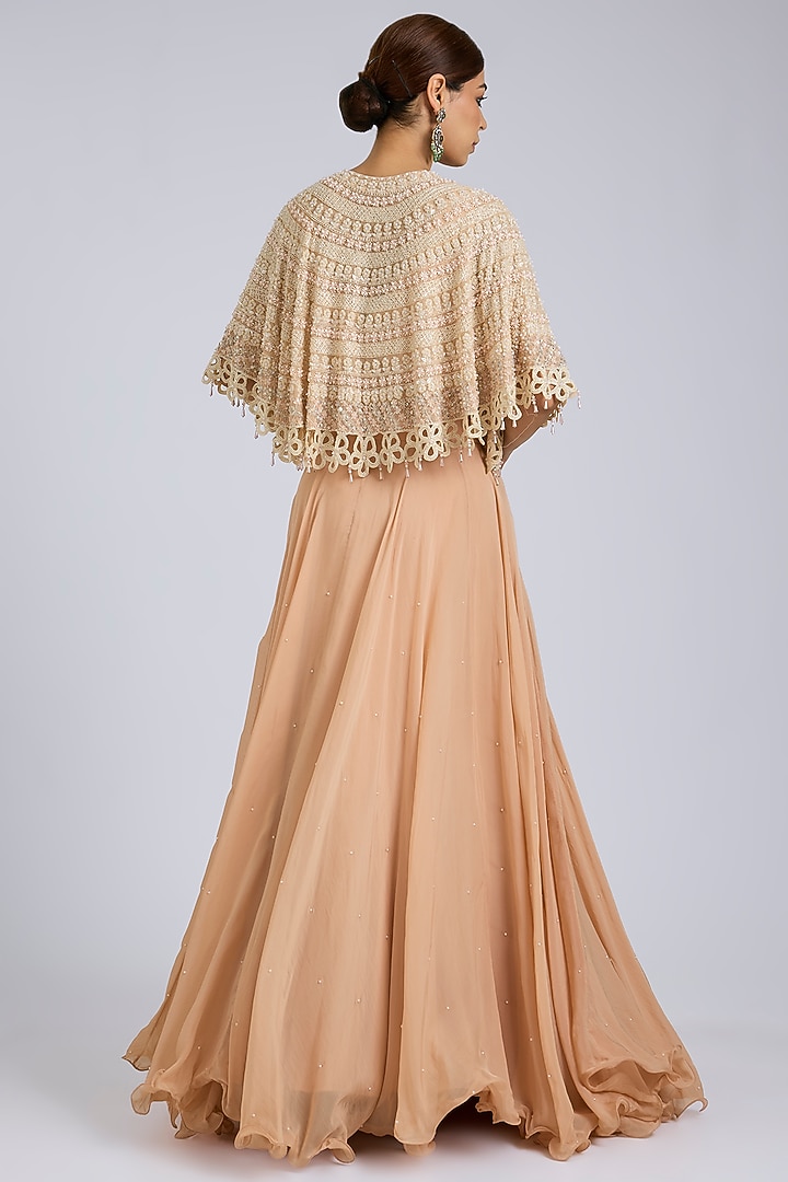 Peach & Ivory Organza Floral Cutwork Cape Set by Amitabh Malhotra at Pernia's Pop Up Shop