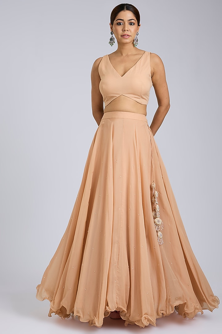 Peach & Ivory Organza Floral Cutwork Cape Set by Amitabh Malhotra at Pernia's Pop Up Shop