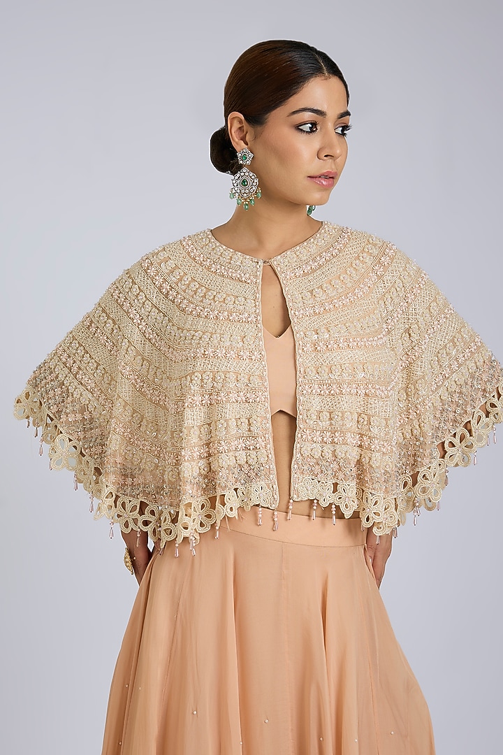 Peach & Ivory Organza Floral Cutwork Cape Set by Amitabh Malhotra at Pernia's Pop Up Shop