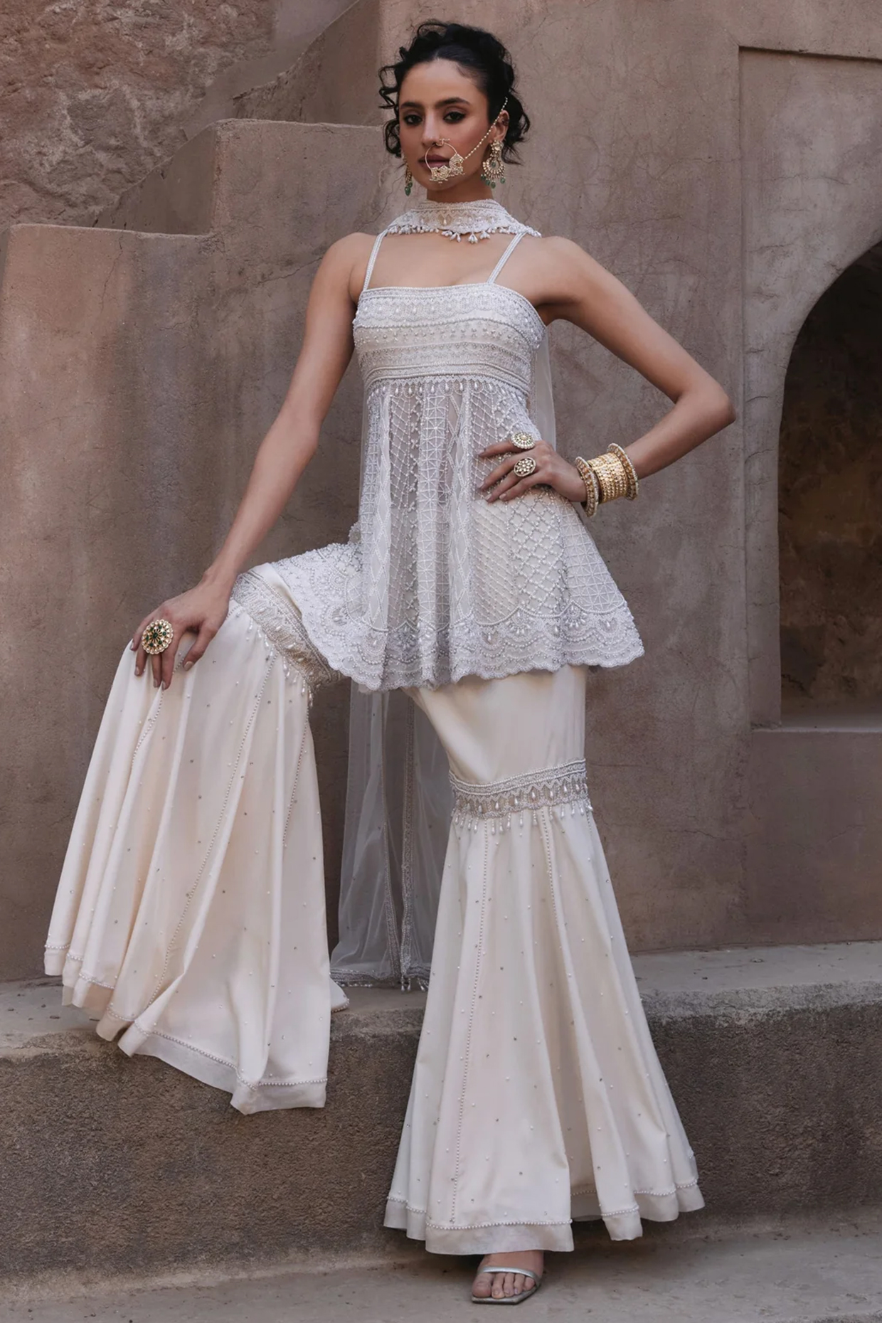 Ivory Crepe Embellished Gharara Set by Amitabh Malhotra at Pernia's Pop Up Shop