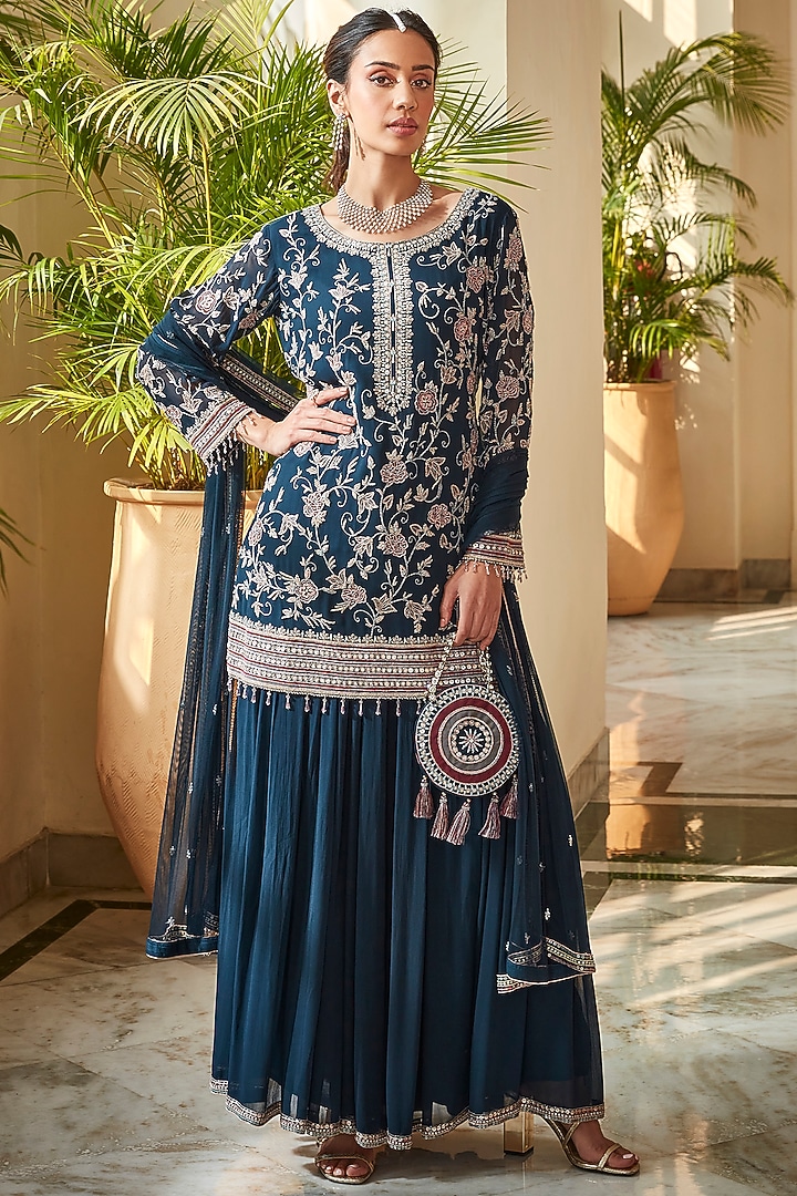 Royal Blue Georgette Wedding Sharara Set by Amitabh Malhotra at Pernia's Pop Up Shop