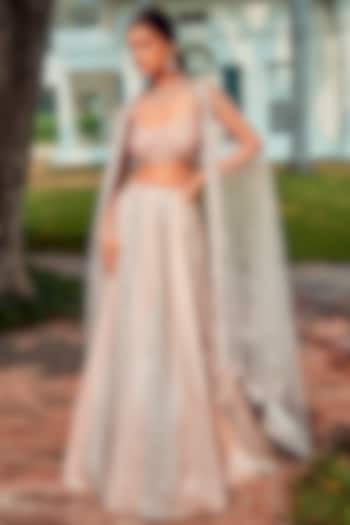 Ice Blue & Peach Chanderi Embroidered Wedding Lehenga Set by Amitabh Malhotra at Pernia's Pop Up Shop