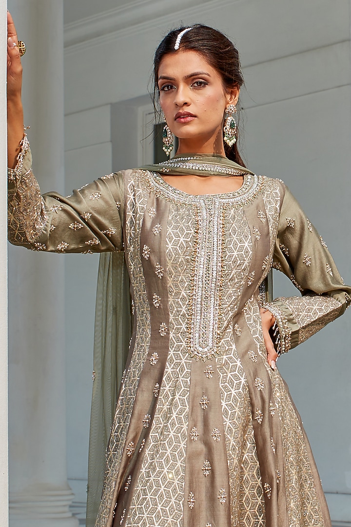 ANVI -  Sage green mal Chanderi embroidered summer dress -(VC768)