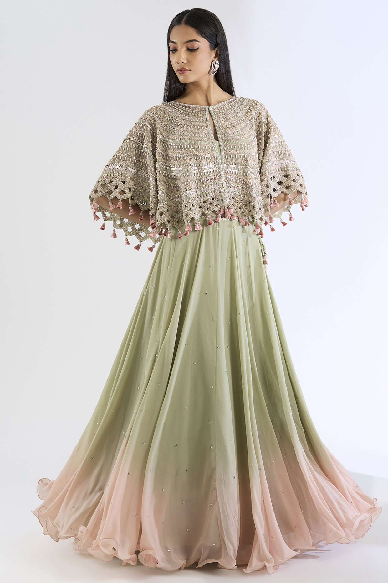 Green Georgette Hand Embroidered Cape Set by Amitabh Malhotra at Pernia's Pop Up Shop