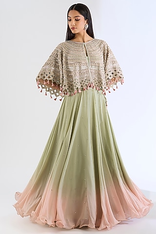 Green Georgette Hand Embroidered Cape Set by Amitabh Malhotra