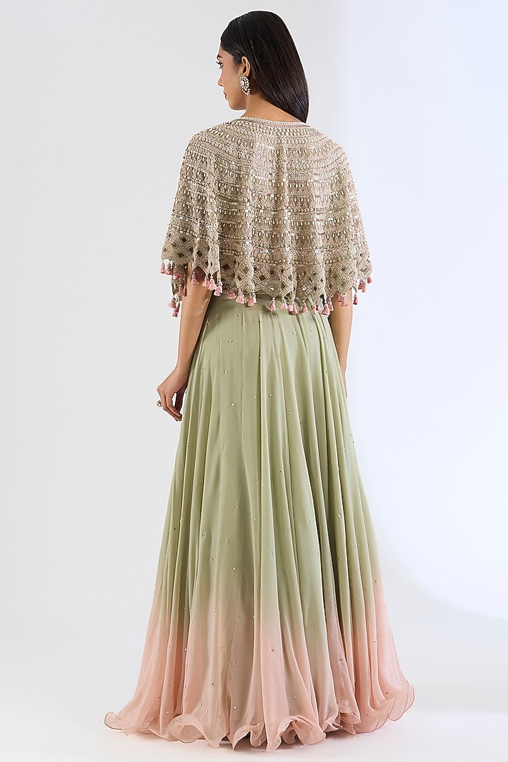 Green Georgette Hand Embroidered Cape Set by Amitabh Malhotra at Pernia's Pop Up Shop