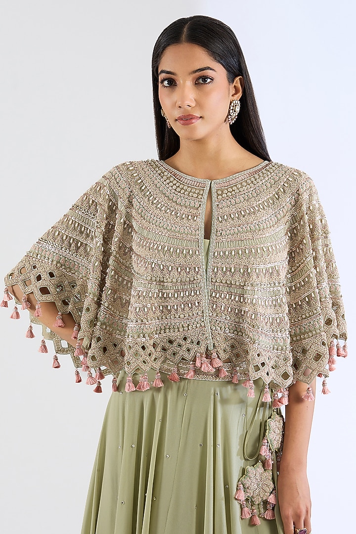 Green Georgette Hand Embroidered Cape Set by Amitabh Malhotra at Pernia's Pop Up Shop