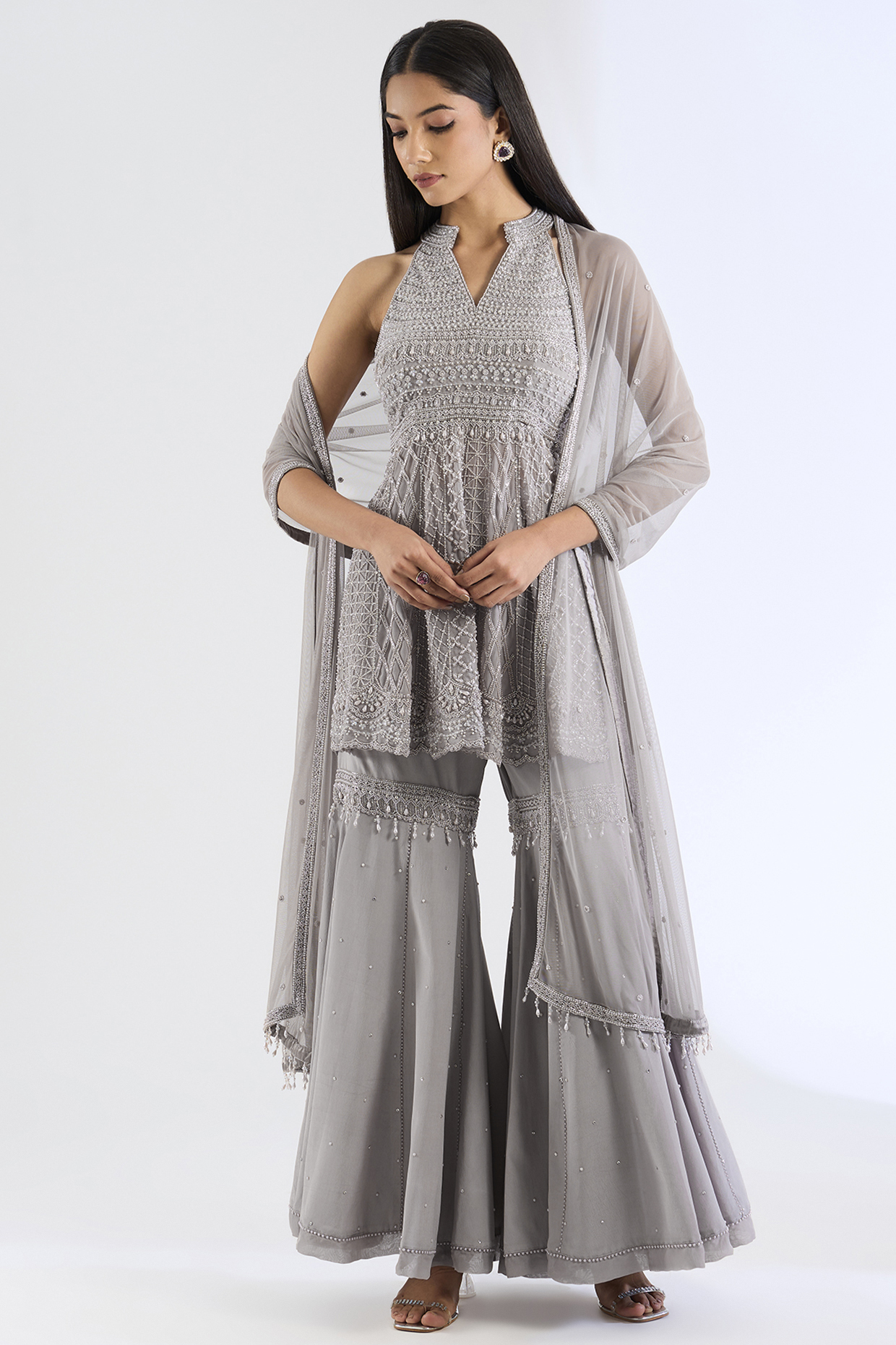 Grey Organza & Crepe Bridal Sharara Set by Amitabh Malhotra at Pernia's Pop Up Shop