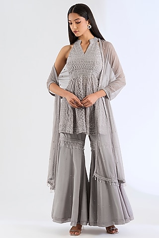 Grey Organza & Crepe Sharara Set by Amitabh Malhotra