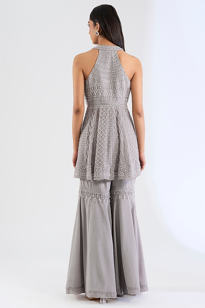 Grey Organza & Crepe Bridal Sharara Set by Amitabh Malhotra at Pernia's Pop Up Shop