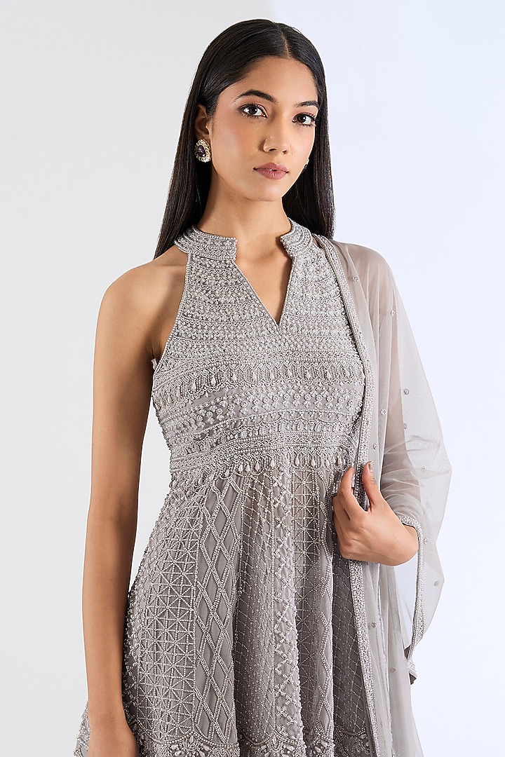 Grey Organza & Crepe Bridal Sharara Set by Amitabh Malhotra at Pernia's Pop Up Shop