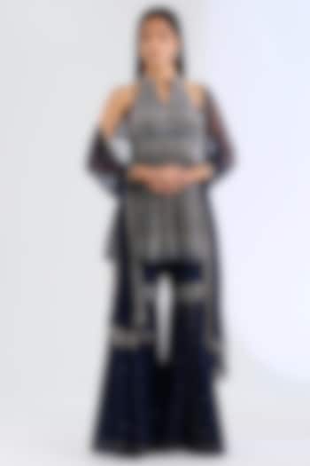Midnight Blue Organza & Crepe Bridal Sharara Set by Amitabh Malhotra at Pernia's Pop Up Shop